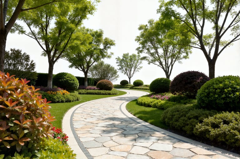 Stone path through manicured garden