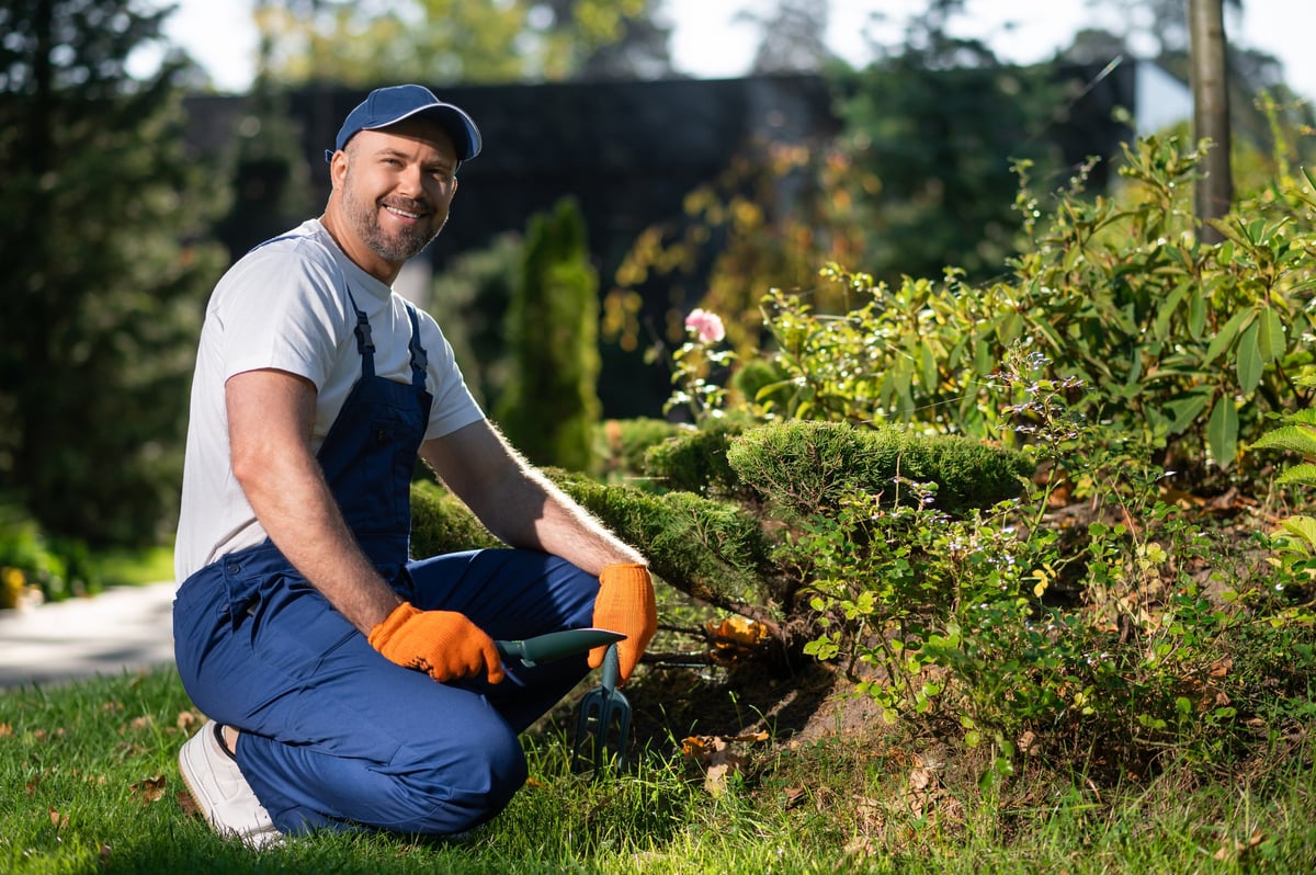 Professional landscaper using shovel for planting and soil preparation