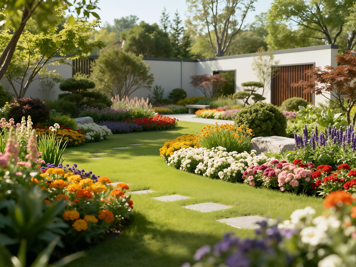 Contemporary garden with stepping stones and lush lawn bordered by flowering beds